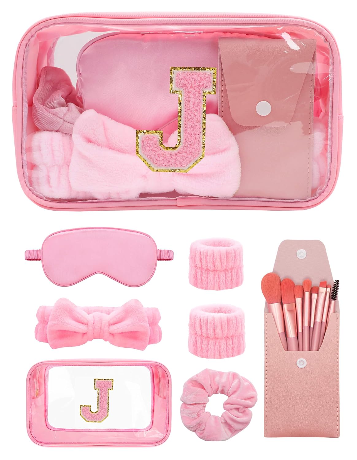 Gift Sets for Women, Initial Makeup Bag with Makeup Brush Set Bachelorette Party Favors, Pink Spa Kit with Skincare Headbands Wrist Bands Sleepover Party Supplies Gifts for Teen Girls Bridesmaid J