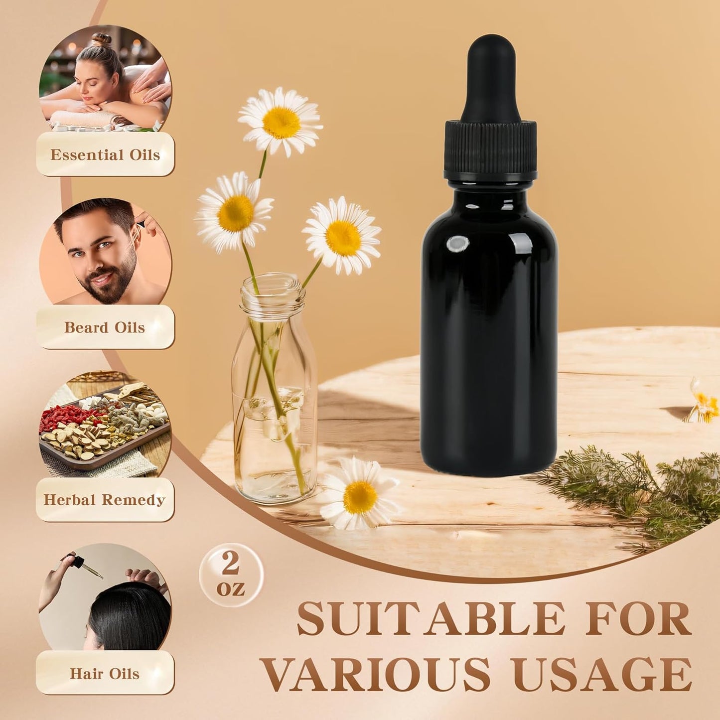 BILLIONSTARS 24 Pack 2oz Glass Boston Round Bottle with Graduated Calibrated Glass Pipettes - UV Black - Tincture Bottles for Essential Oils, Liquids - Leakproof Travel Bottles