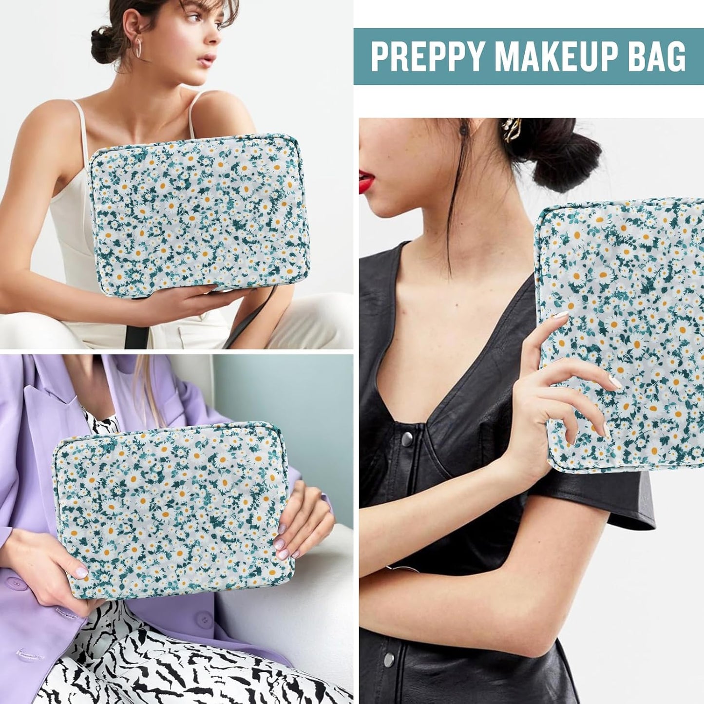 Nylon Large Floral Makeup Organizer Bag, Preppy Big Cute Flower Cosmetic Zipper Pouch Multi-compartment with Dividers, Waterproof Toiletry Makeup Brushes Bag Travel Essentials for Women(Green-Daisy)