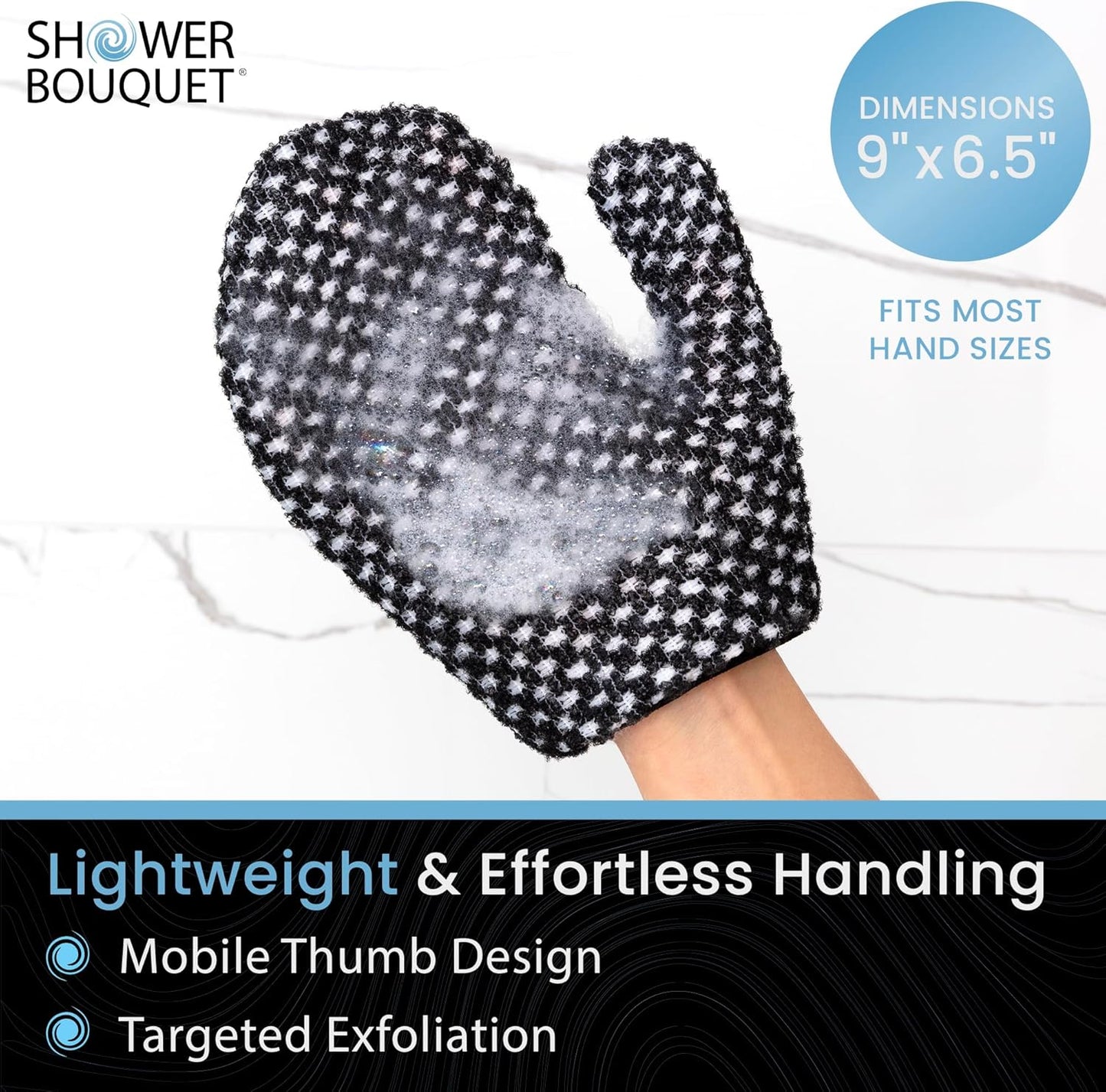 Japanese Exfoliating Mitt for Shower [1-Pack, White] - Charcoal & Silver Ion Exfoliating Glove - Gentle Exfoliation & Deep Cleansing Shower Mitt - Exfoliating Body Scrubber Glove, Soft Fabric Inside