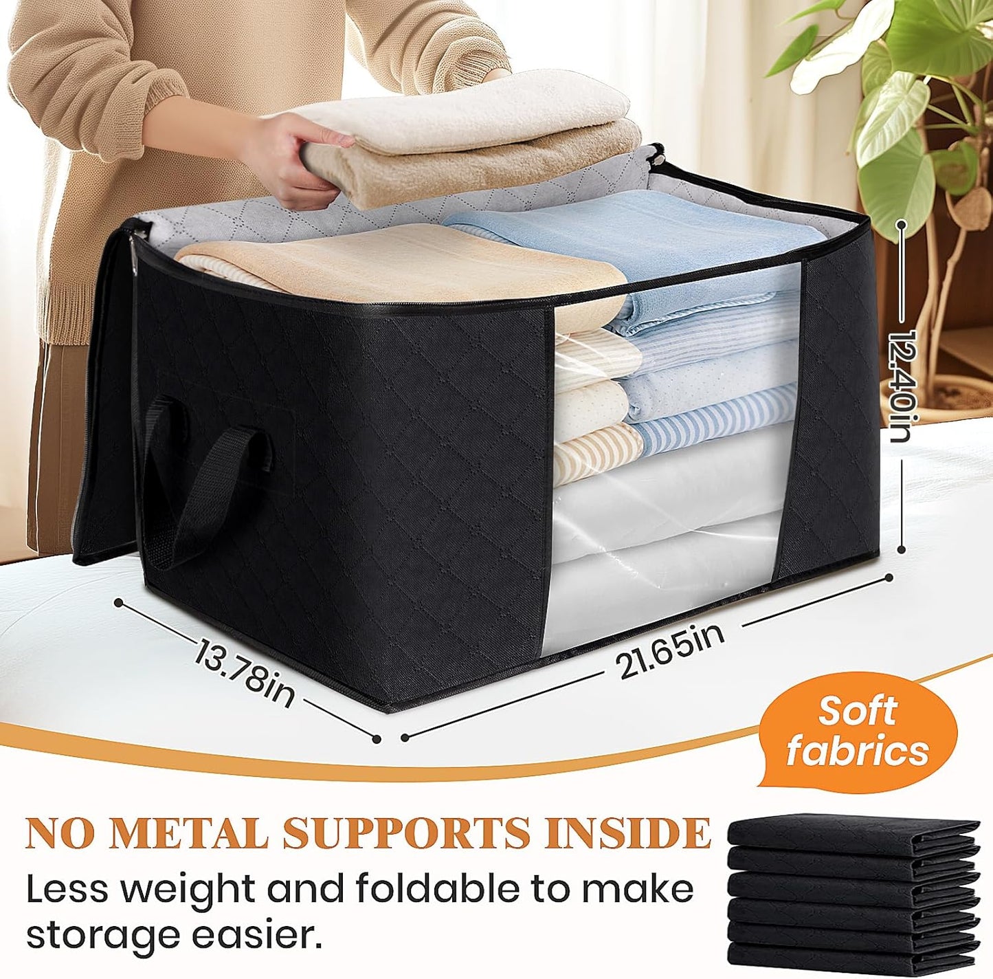 Fab totes 3 Pack Clothes Storage, Foldable Thick Fabric Blanket Storage Bags, Containers for Organizing Bedroom, Closet, Clothing, Comforter,Closet Organization with Handle,Black