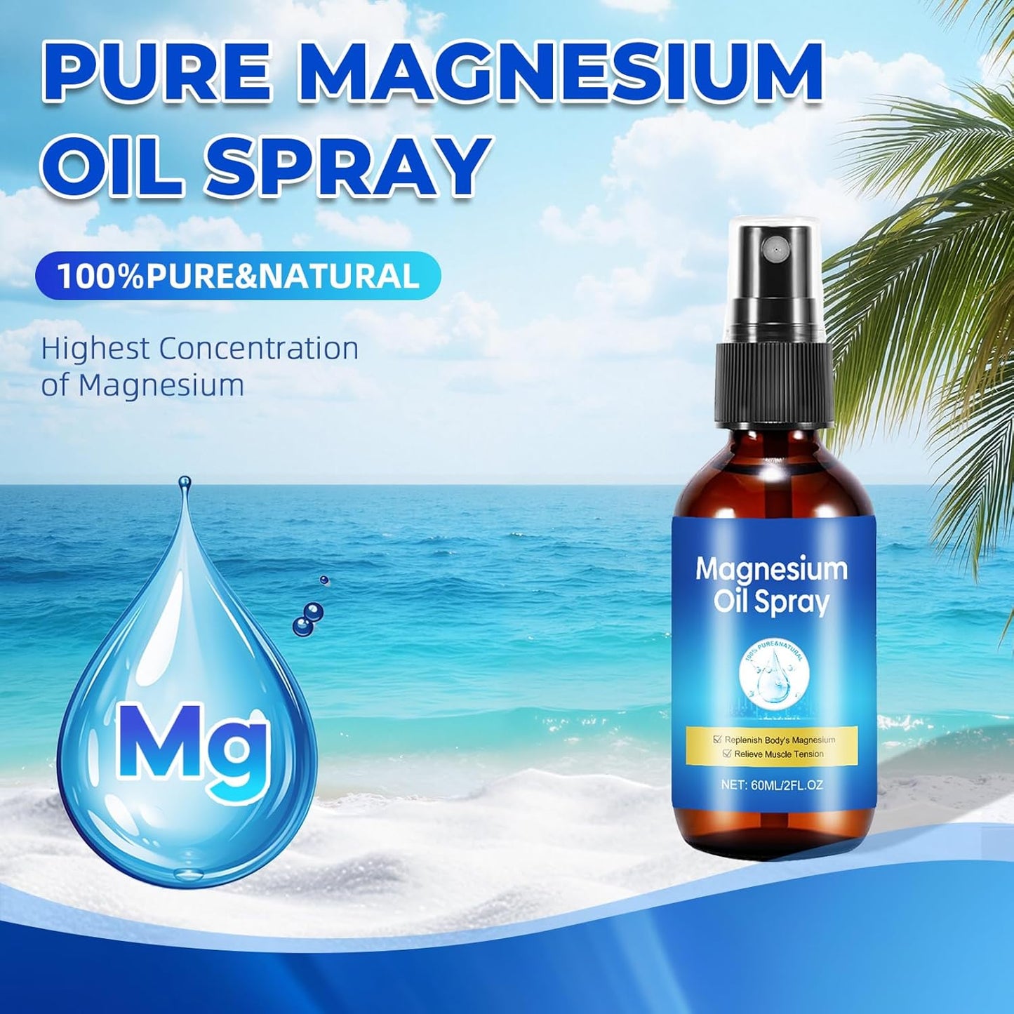 Pure Magnesium Oil Spray, Foot Magnesium Spray, 60ml Leak-Proof Portable Package, Magnesium Oil Body Care Natural Formula, Easy to Absorb and Soothe (2 Pack)