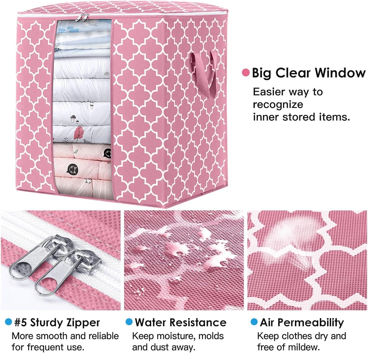 WISELIFE Storage Bags 3 Pack/100L Large Blanket Clothes Organization and Storage Containers for Comforters,Bedding, Foldable Organizer with Reinforced Handle, Clear Window, Sturdy Zippers,Pink