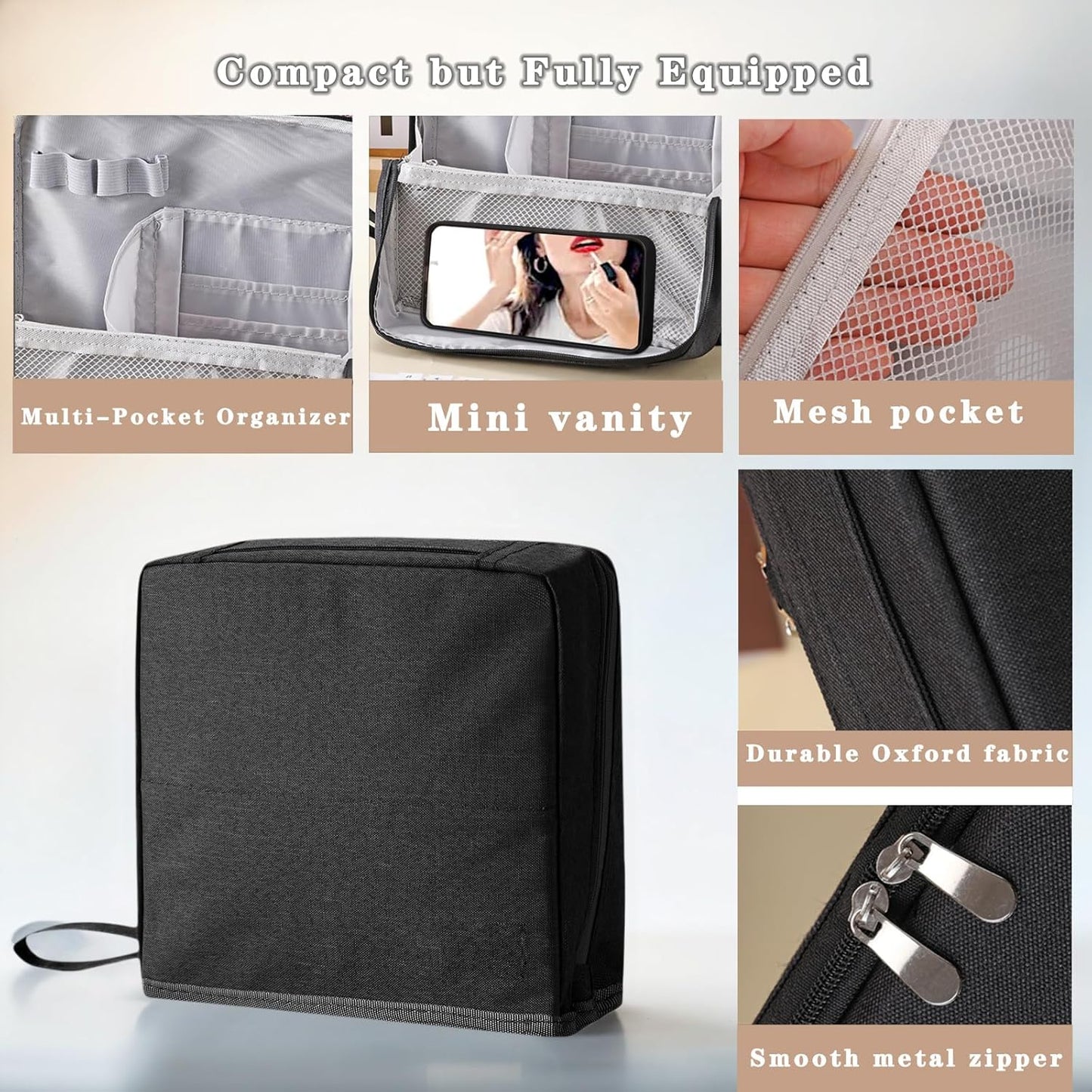 Standing Makeup Bag with Brush Holder, Organizer Travel Cosmetic Bags, Small Make Up Pouches for Women Beige