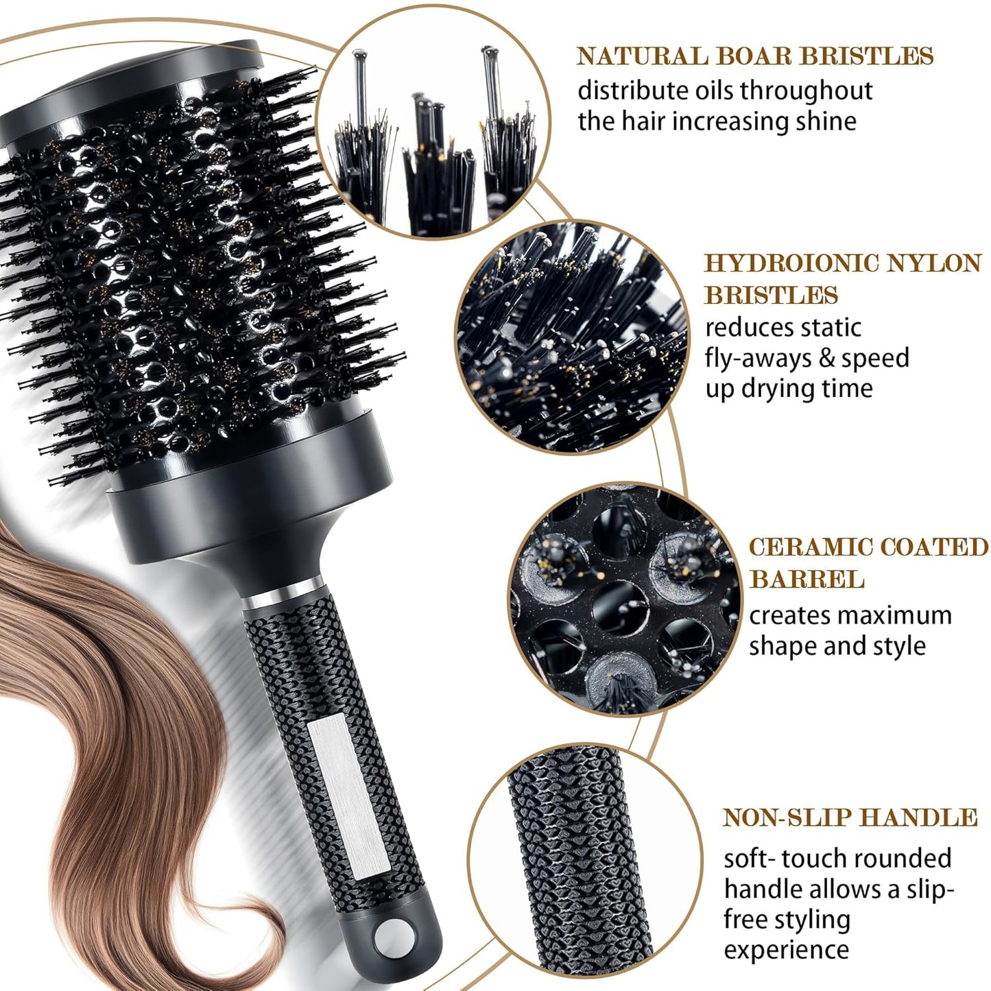 SIMPOR Large Round Brush for Blow Out, Nano Thermal Ceramic & Ionic Tech Round Barrel Hair Brush with Boar Bristles, Roller for Blow Drying (Black, 4 inch, Barrel 2.7 Inch, 65mm)