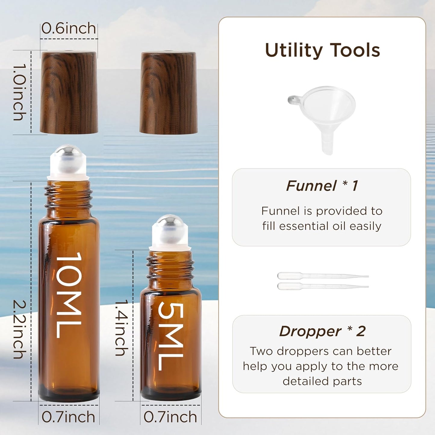 Essential Oil Roller Bottles, 4PCS (10ml & 5ml) Glass Perfume Roller Bottles with Funnel Opener and Dropper Beauty and Personal Care Tools (Amber, 4 Packs)