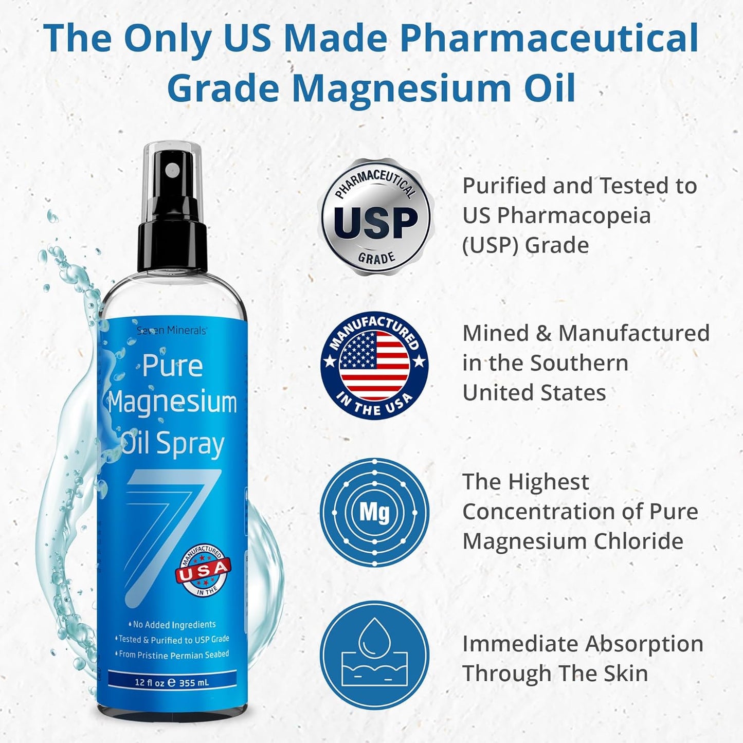 Seven Minerals Pure Magnesium Oil Spray, Big 12oz, USP Grade, Extra Strength, for Feet, Sleep, Muscle Pain & Cramps - Mined in The USA