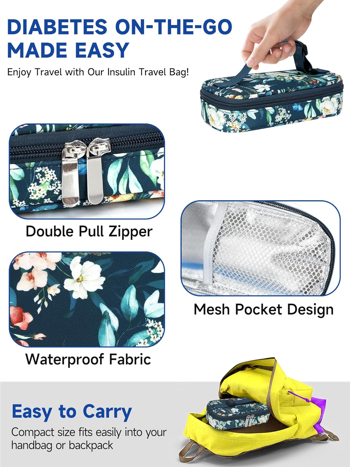 Insulin Cooler Travel Case – TSA Approved Diabetic Medication Vial Cooling Bag, Refrigerated Diabetes Supplies Organizer, Portable Mini Cooler Case with Protective Ice Brick (Camellia)