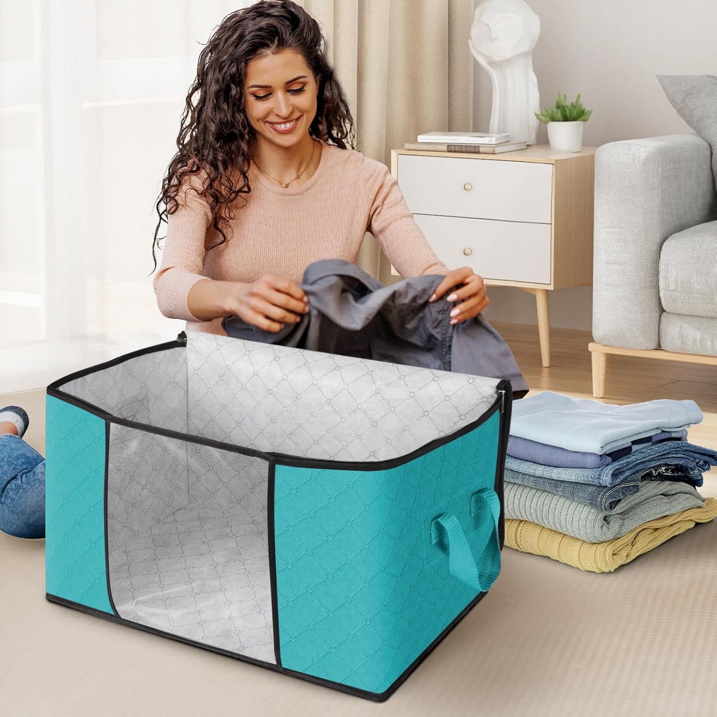 Fab totes 6 Pack Clothes Storage, Foldable Thick Fabric Blanket Storage Bags, Containers for Organizing Bedroom, Closet, Clothing, Comforter,Closet Organization with Handle,Green