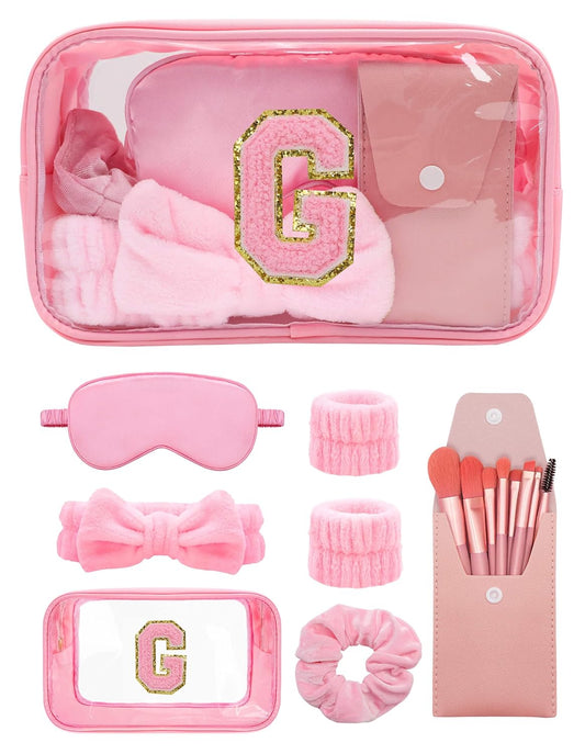 Gift Sets for Women, Initial Makeup Bag with Makeup Brush Set Bachelorette Party Favors, Pink Spa Kit with Skincare Headbands Wrist Bands Sleepover Party Supplies Gifts for Teen Girls Bridesmaid G
