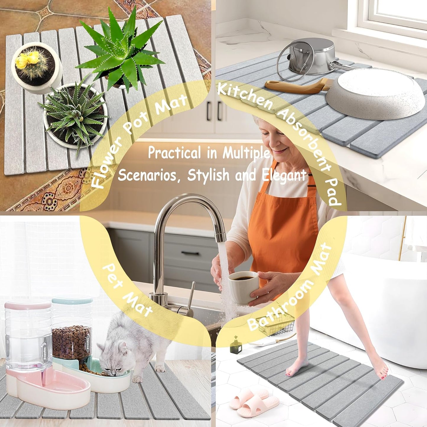 Stone Dish Drying Mat For Kitchen & Bathroom - Diatomaceous Earth, Quick Dry, Collapsible, Non - Slip Pvc, Rounded Corners, 15.7 X 11.8 IN, Absorbent, Natural Material For Dishes, Cups & More