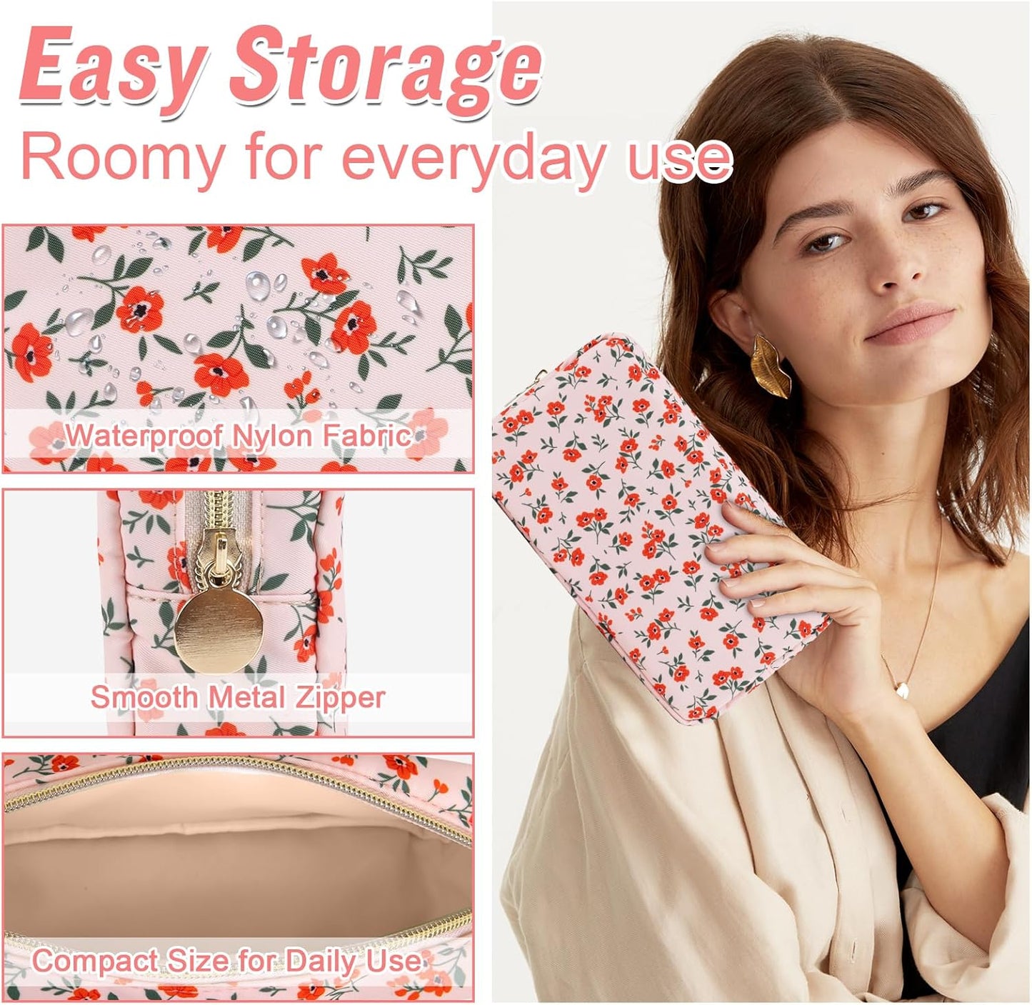 Nylon Small Floral Makeup Bag for Purse, Cute Preppy Pink Makeup Bag Flower Cosmetic Zipper Pouch, Waterproof Portable Travel Toiletry Makeup Brush Bag Organizer Storage for Women Girls(Pink-Floral)