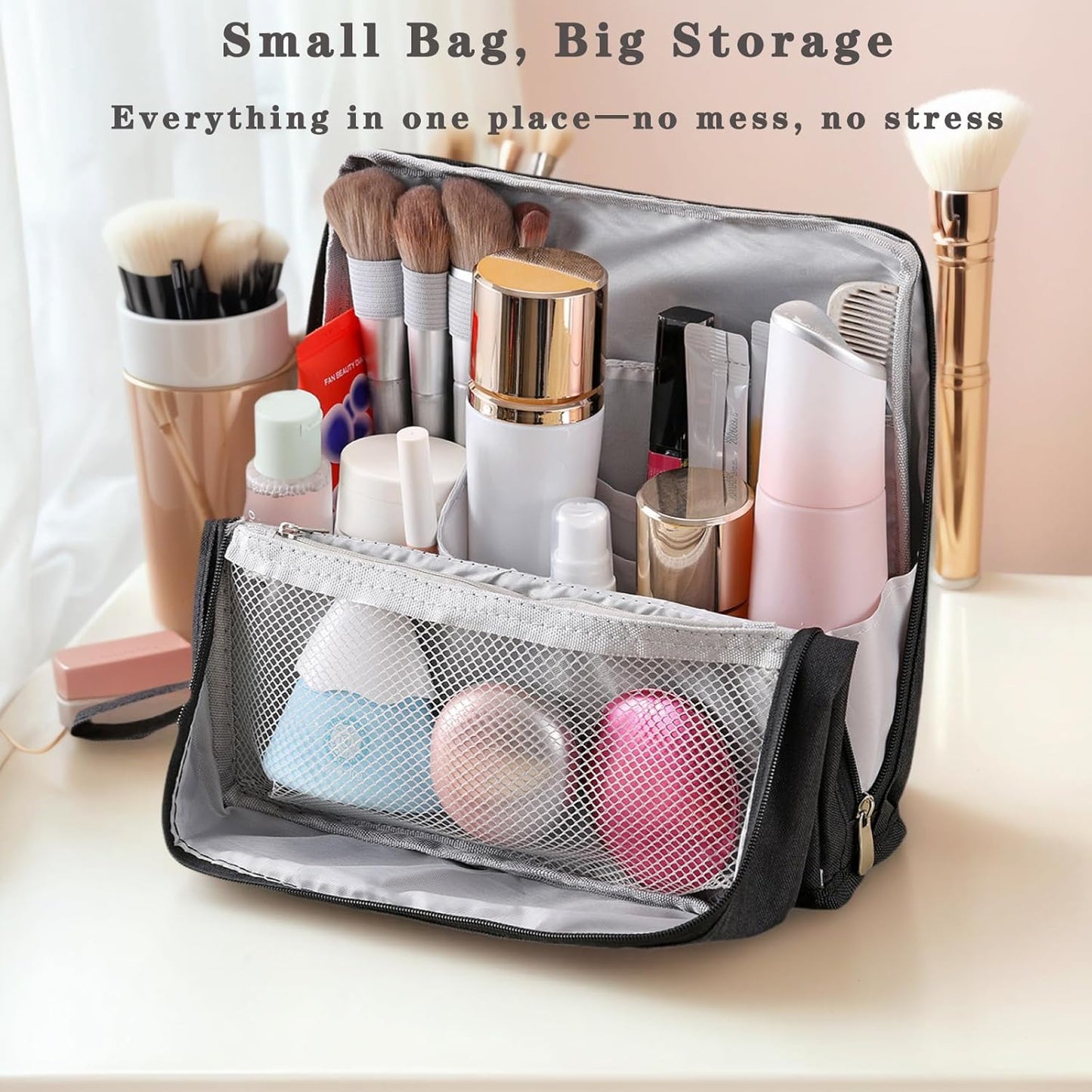 Standing Makeup Bag with Brush Holder, Organizer Travel Cosmetic Bags, Small Make Up Pouches for Women Black