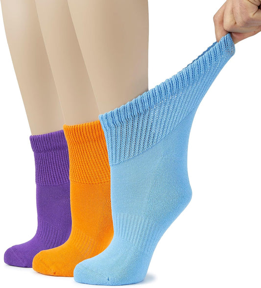 Hugh Ugoli Women's Cotton Diabetic Ankle Socks, Wide, Loose, Stretchy, Seamless Toe, Non Binding Top Semi Cushion, 3-6 Pairs