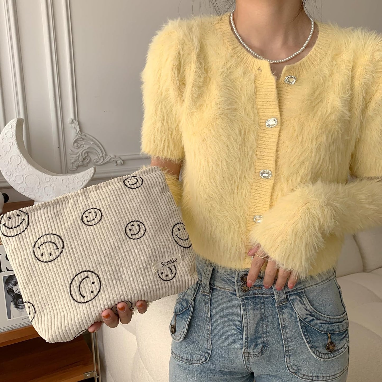 Cosmetic Bags for Women - Corduroy Cosmetic Bag Aesthetic Women Handbags Purses Smile Dots Makeup Organizer Storage Makeup Bag Girls Case Bags (A-Beige)