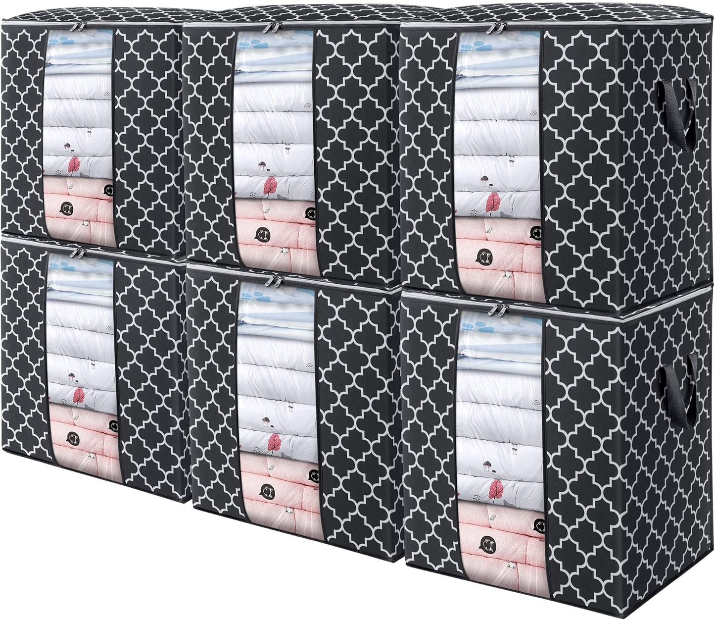 WISELIFE Storage Bags 6 Pack/100L Large Blanket Clothes Organization and Storage Containers for Comforters,Bedding, Foldable Organizer with Reinforced Handle, Clear Window, Sturdy Zippers,Black