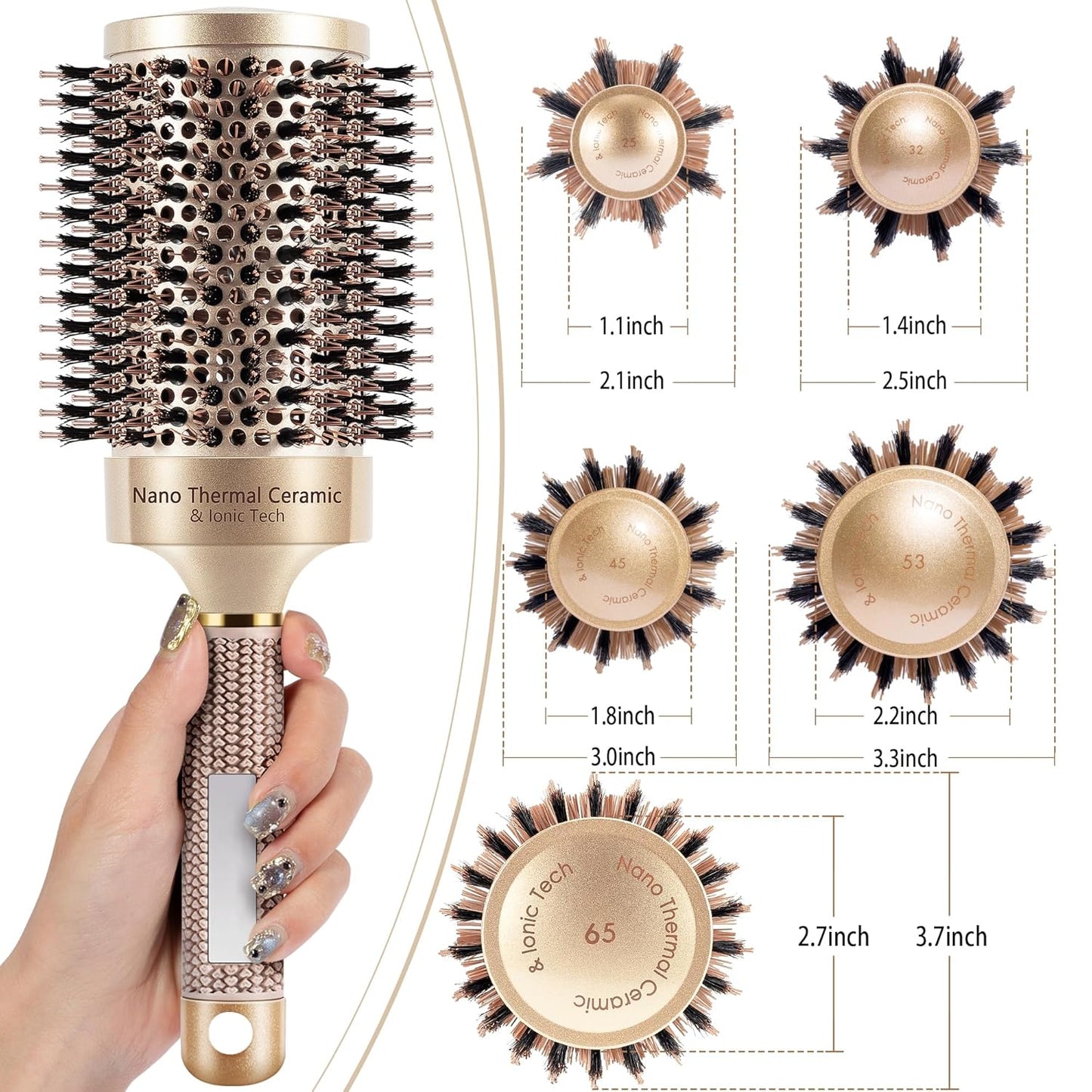 SIMPOR Large Round Brush for Blow Out, Nano Thermal Ceramic & Ionic Tech Round Barrel Hair Brush with Boar Bristles, Roller for Blow Drying (Gold, 4 inch, Barrel 2.7 Inch, 65mm)