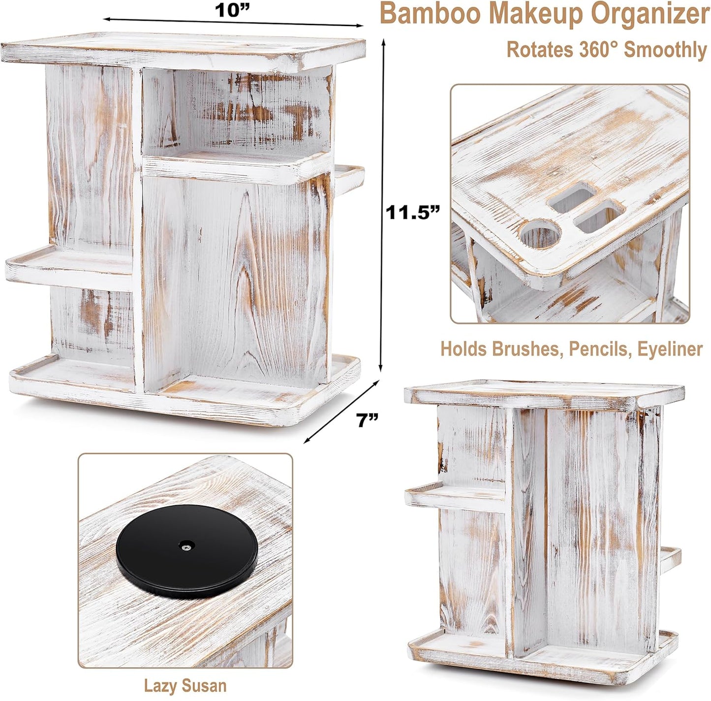 Sorbus 360° Makeup Organizer - Grey Rustic Wood Storage Carousel for Cosmetics, Make Up, Skin Care Organizer - Rotating Makeup Organizer for Vanity, Bathroom Storage, Bedroom, Kitchen, Desk, Dorm