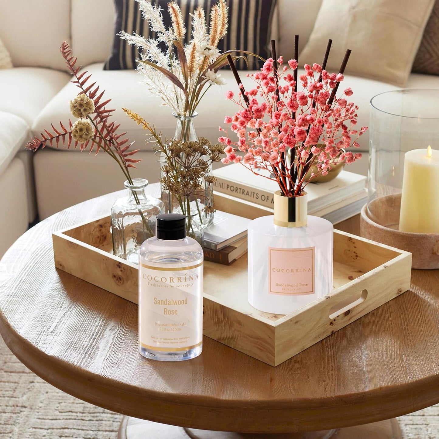 COCORRÍNA Refill - Sandalwood Rose 6.7 Fl.oz Reed Diffuser Refill with 8 Sticks