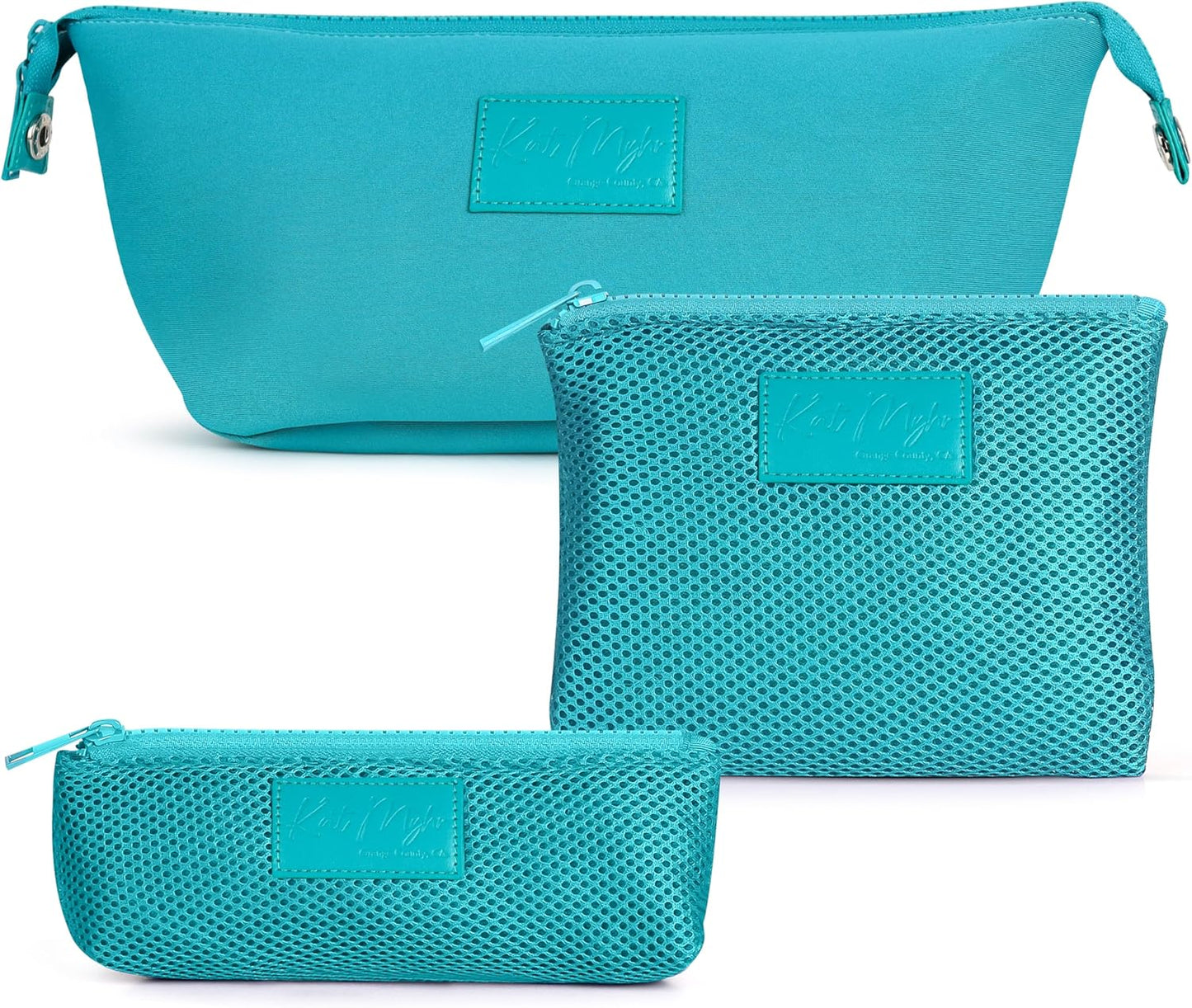 Kat Myhr Neoprene Washable Travel Makeup & Cosmetic Bag Set, 2 Air Mesh Pouches,100% Neoprene Toiletry Bag, Large Water Resistant Travel Bag for Toiletries, Makeup Cosmetic Travel Bag (Turquoise)