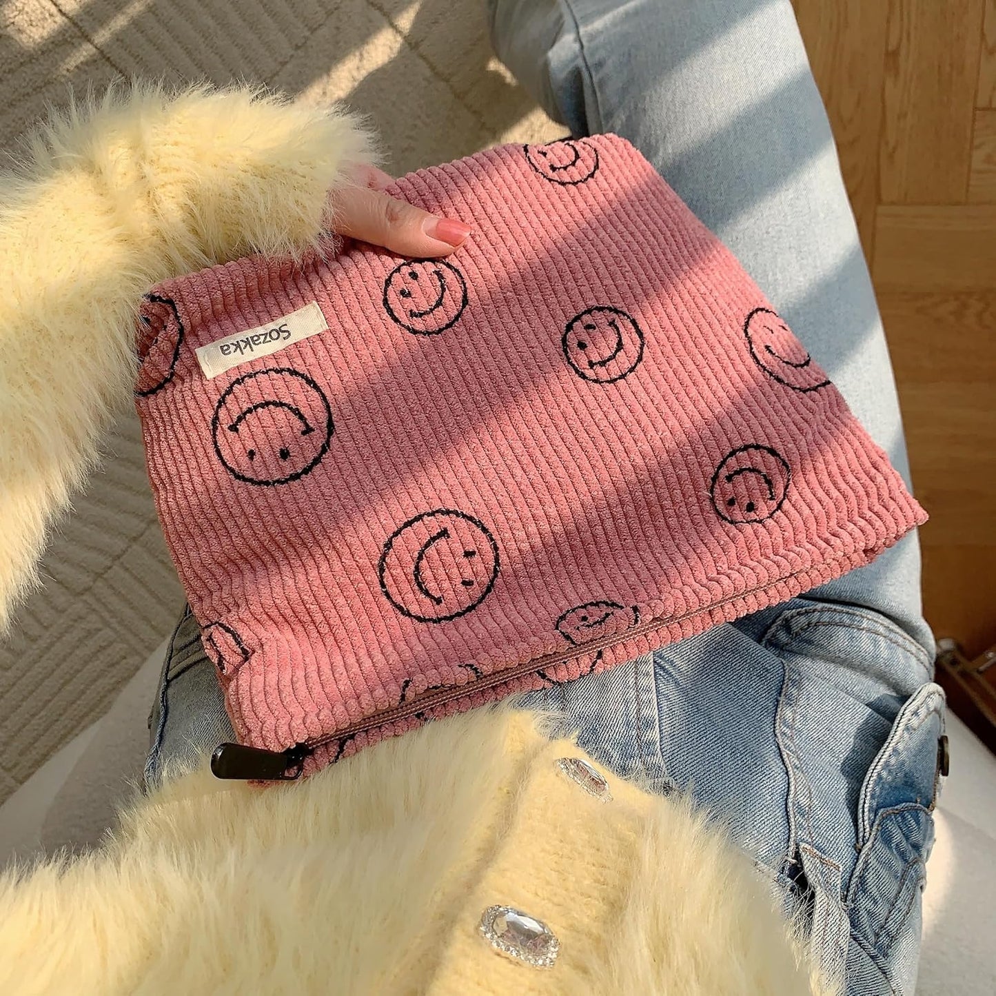 Cosmetic Bags for Women - Corduroy Cosmetic Bag Aesthetic Women Handbags Purses Smile Dots Makeup Organizer Storage Makeup Bag Girls Case Bags (A-Pink)