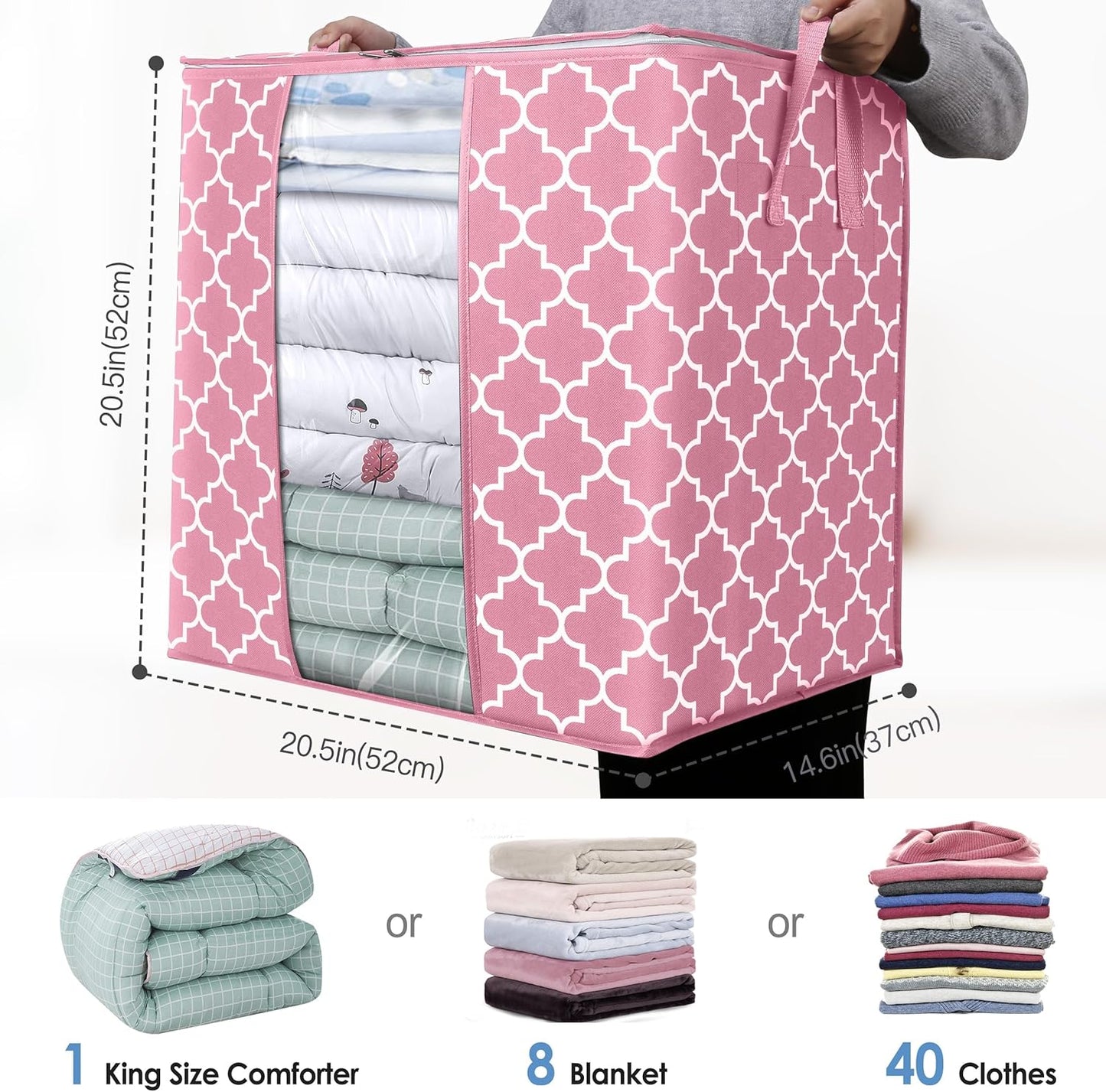 WISELIFE Storage Bags 2 Pack/100L Large Blanket Clothes Organization and Storage Containers for Comforters,Bedding, Foldable Organizer with Reinforced Handle, Clear Window, Sturdy Zippers,Pink