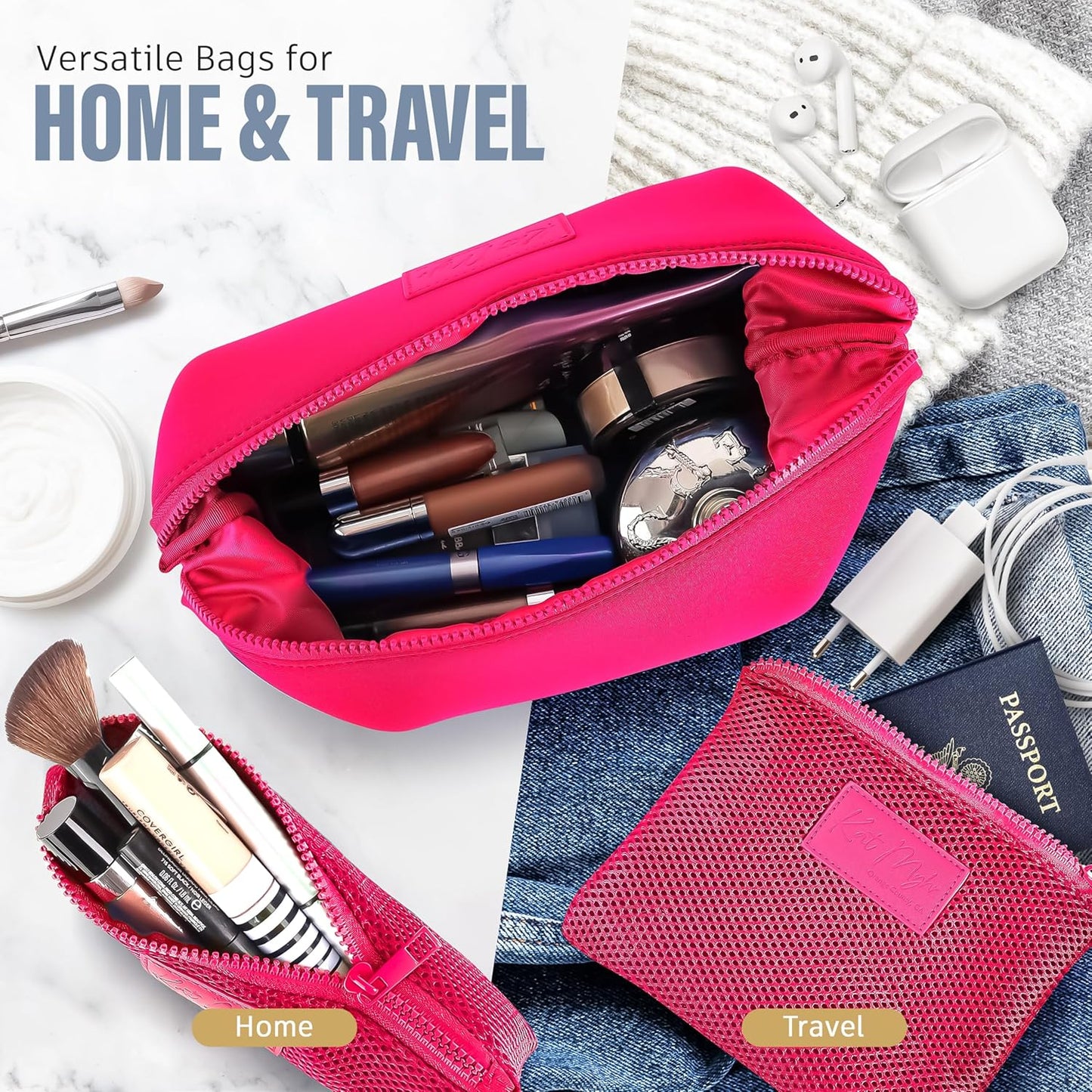 Kat Myhr Neoprene Washable Travel Makeup & Cosmetic Bag Set, 2 Air Mesh Pouches,100% Neoprene Toiletry Bag, Large Water Resistant Travel Bag for Toiletries, Makeup Cosmetic Travel Bag (Fuchsia Pink)
