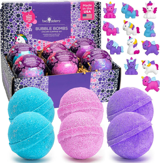Unicorn Bath Bombs for Girls with Surprise Toys Inside (6 Pack) - Large Bubble Bomb for Kids, Gentle and Safe, Made in USA, Fizzies, Fruity Scents, Won't Stain Tub - Ideal Gift by Two Sisters