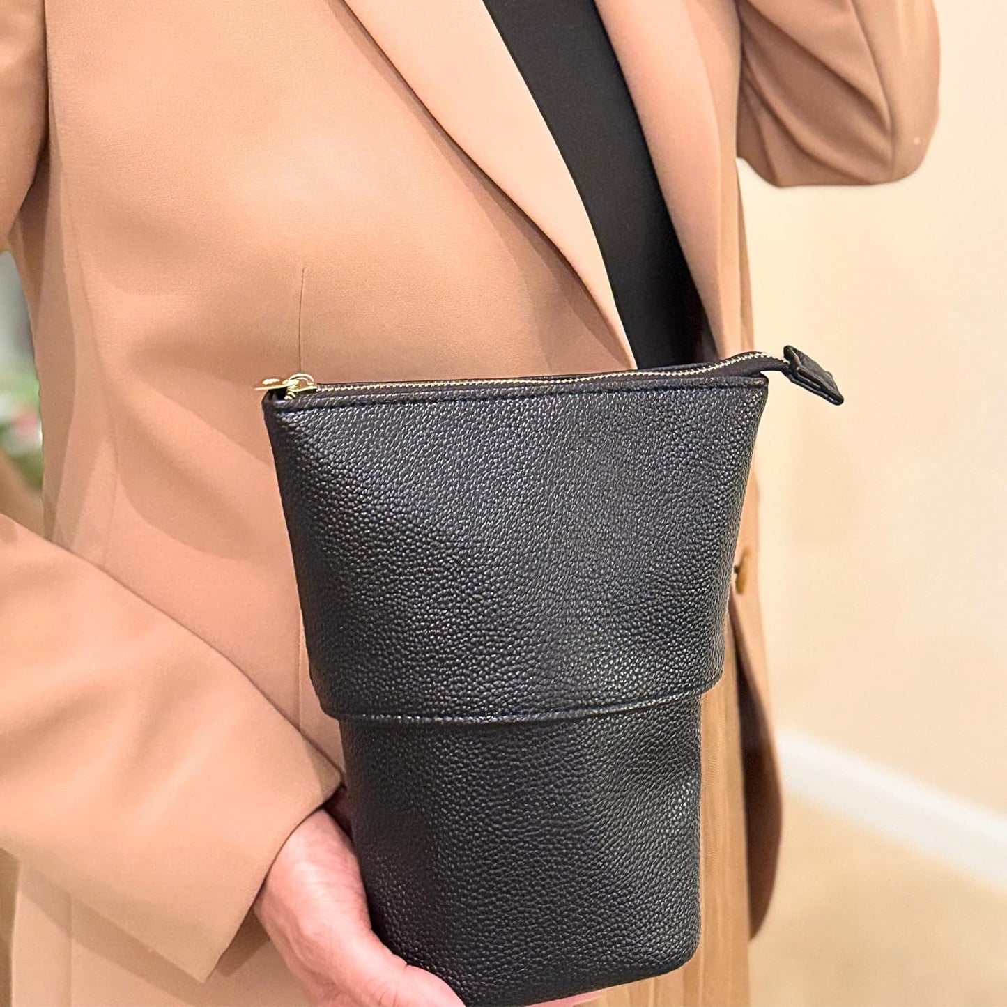 JAZD Convertible Travel Makeup Brush Bag, Stand-Up Brush Holder Pouch For Easy Access, Cosmetic Case Organizer (BEIGE)