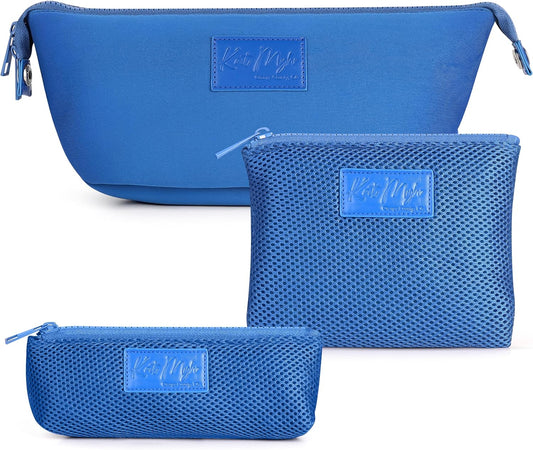 Kat Myhr Neoprene Washable Travel Makeup & Cosmetic Bag Set, 2 Air Mesh Pouches,100% Neoprene Toiletry Bag, Large Water Resistant Travel Bag for Toiletries, Makeup Cosmetic Travel Bag (Royal Blue)
