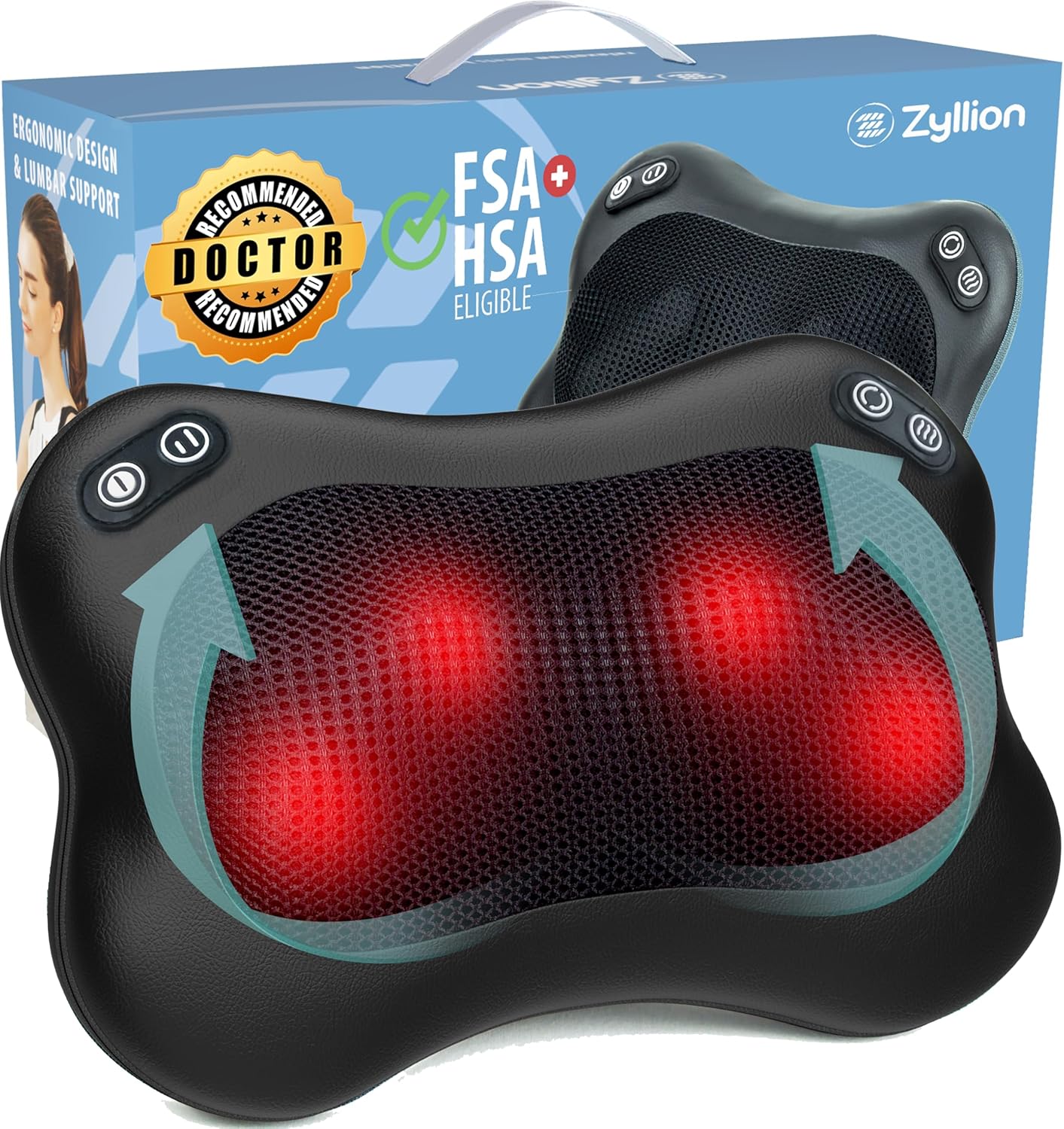 Zyllion Shiatsu Back and Neck Massager with Heat - 3D Electric Kneading Deep Tissue Massage Pillow with 2 Speeds for Muscle Pain Relief, Black, ZMA-34