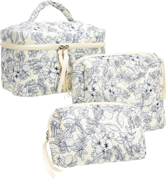 PAZIMIIK 3PCS Makeup Bag SET Large Travel Quilted Zipper Soft Cosmetic Case Pouch for Women Girls Make Up,Flower White