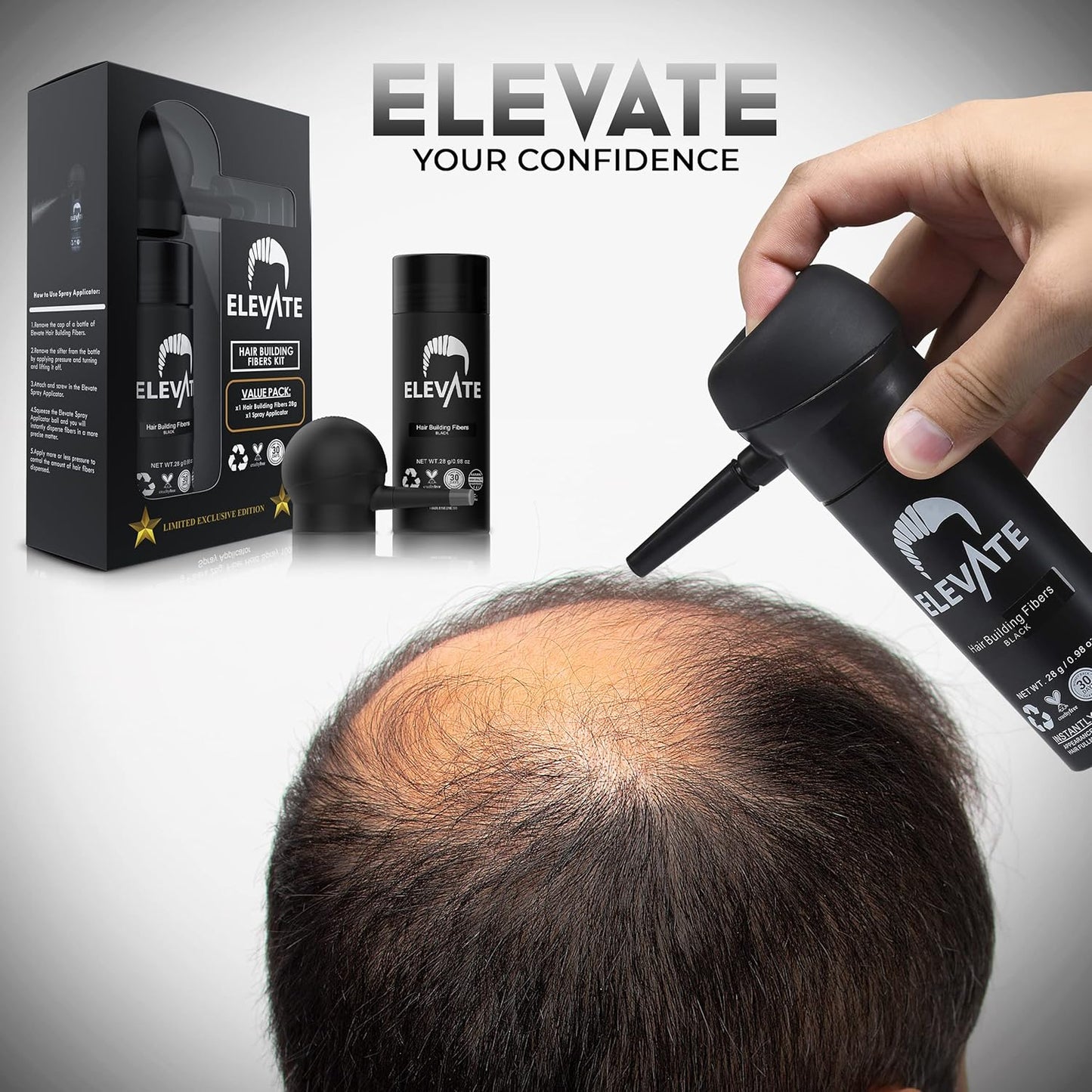 ELEVATE Hair Perfecting 2-in-1 Kit | Set Includes Natural Hair Thickening Fibers & Spray Applicator Pump Nozzle | Instantly Conceal & Thicken Thinning Balding Areas in Seconds Men & Women (Black)