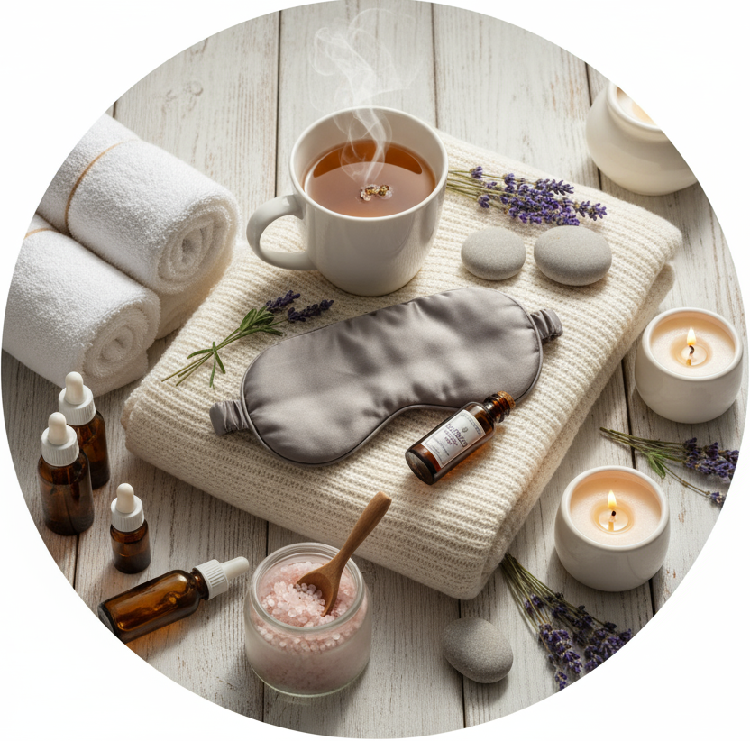 circle photo of relaxation supplies, make a real photo