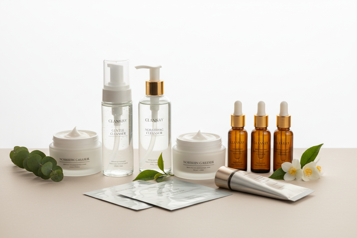 Skincare Essentials: Gentle cleansers, nourishing moisturizers, serums, and masks to keep your skin radiant and healthy. (make it real photo)